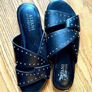 Alfani Women's Danicah Studded Flat Sandals Women's, black leather, Size 5.0